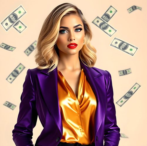 woman-with-purple-jacket-bunch-money-background woman-with-purple-jacket-bunch-money-background